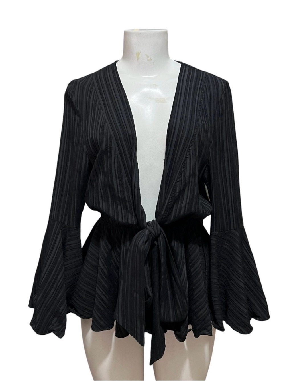 Luxxel Blouse Asymmetrical Bell Sleeves Black Pleated Tie Front Peplum Ruffle S